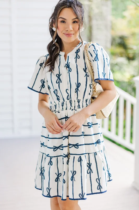 Women's Cap-Sleeve DressesHappy To Be Off White Ribbon Printed Dress