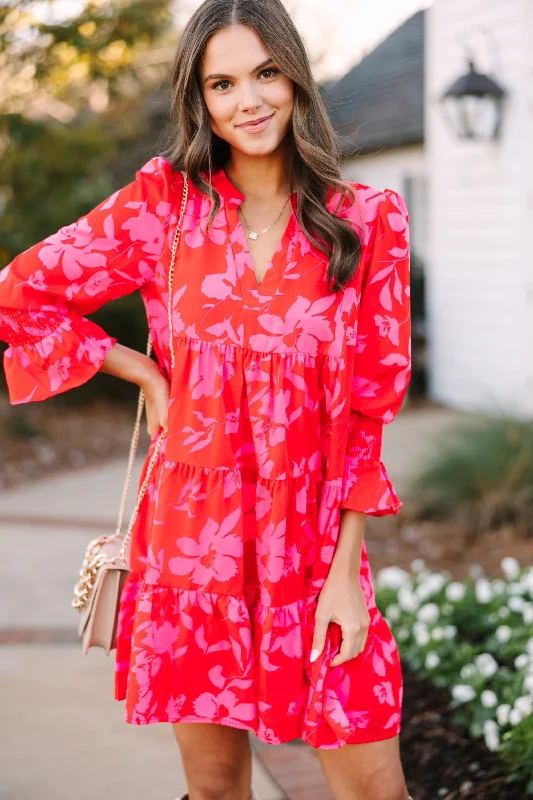 Women's Fit and Flare DressesIn Your Happy Place Red and Pink Floral Dress