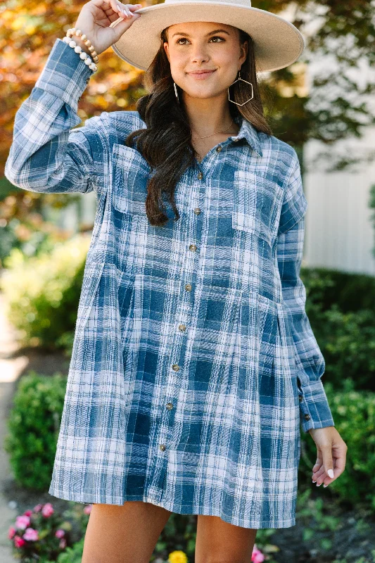 Women's Boat-Back DressesIt's All Possible Blue Plaid Babydoll Dress