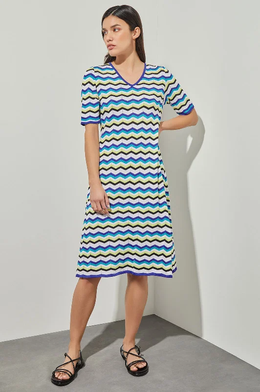 Women's U-Shaped-Neck DressesKnee Length A-Line Dress - Chevron Knit