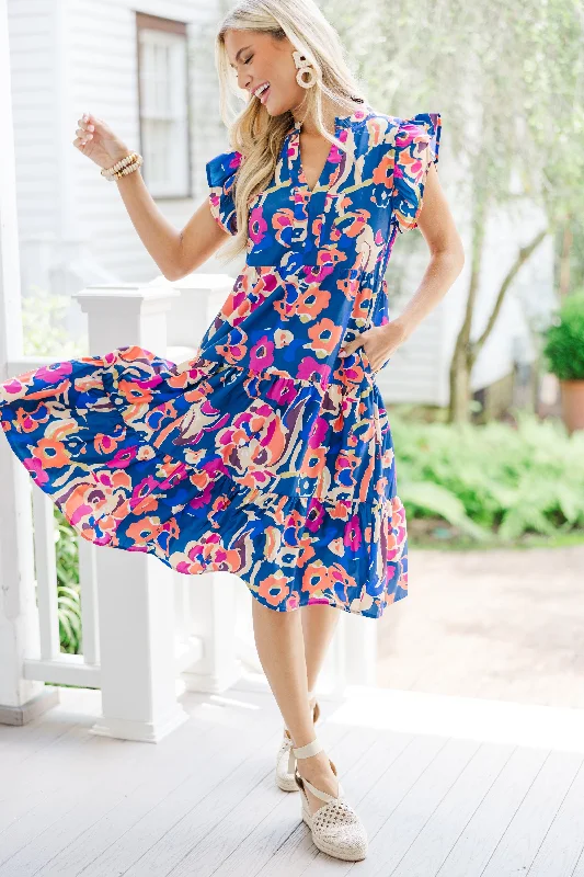 Women's Narrow Collar DressesMake It Your Own Navy Blue Floral Tiered Dress