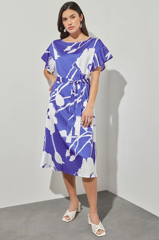 Women's High-Neck DressesShift Below Knee Dress - Belted Floral Crepe de Chine