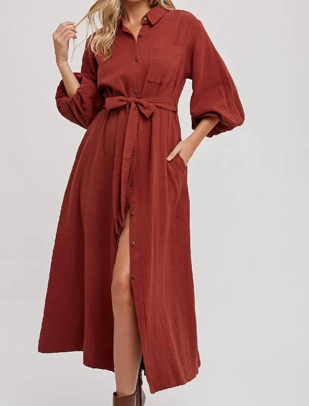 Women's Low Collar DressesFinley Bubble Sleeve Belted Shirts Midi Dress In Red