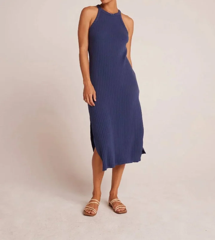 Women's Narrow Collar DressesFitted Halter Midi Dress In Nautical Navy