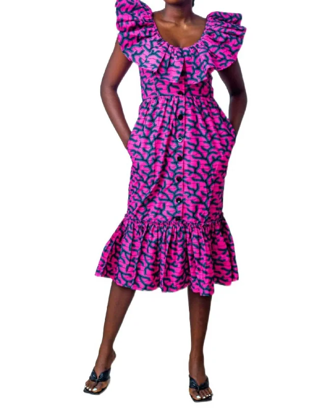 Women's Narrow Collar DressesFola Midi Dress In Pink And Navy