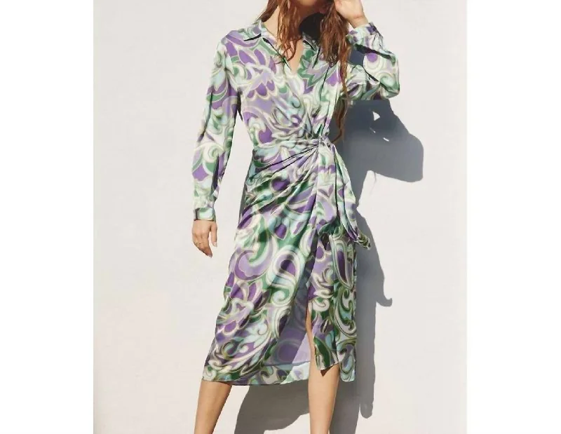 Women's Square-Neck DressesGroovy Girl Midi Shirt Wrap Dress In Lavender/green