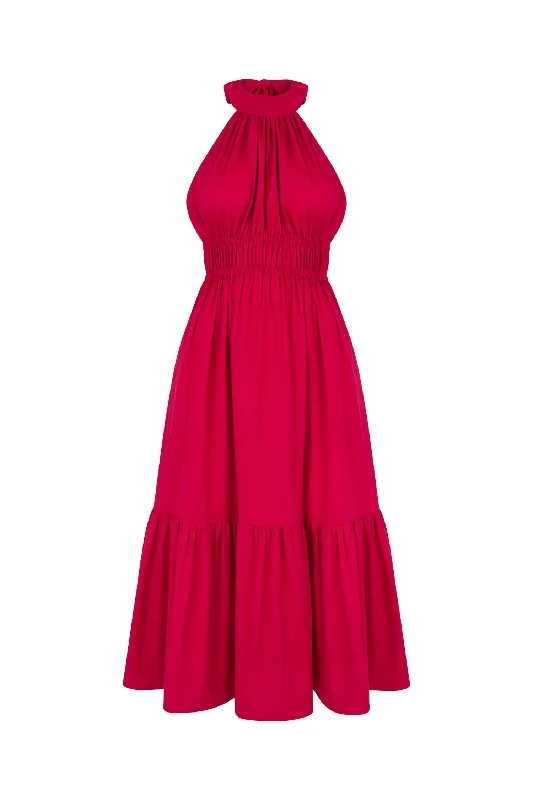 Women's Shawl Collar DressesHarper Midi Halter Dress In Cherry Red