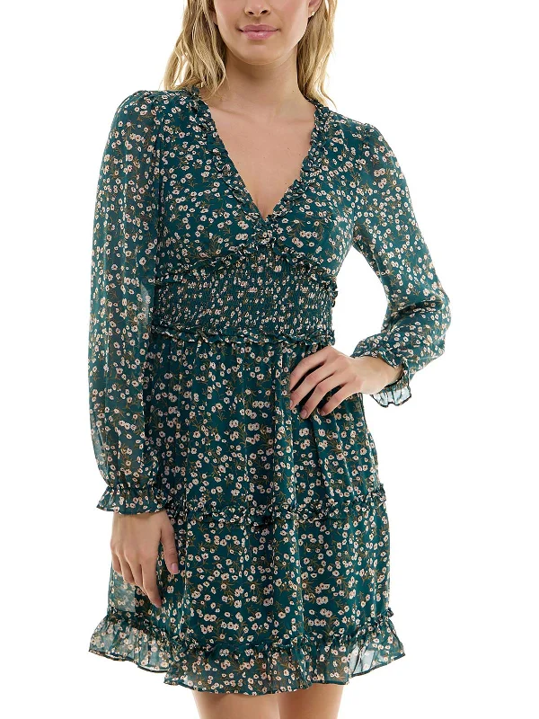 Women's Long-Sleeve DressesJuniors Womens Floral Print Polyester Midi Dress