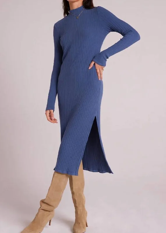 Women's Shawl Collar DressesMock Neck Midi Knit Dress In Blue Steel