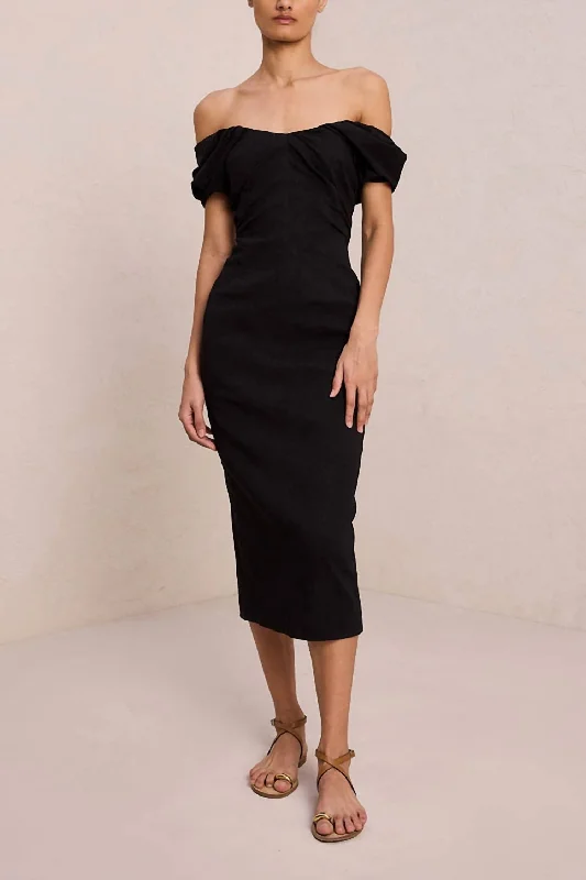 Women's High Collar DressesNora Linen Midi Dress In Black