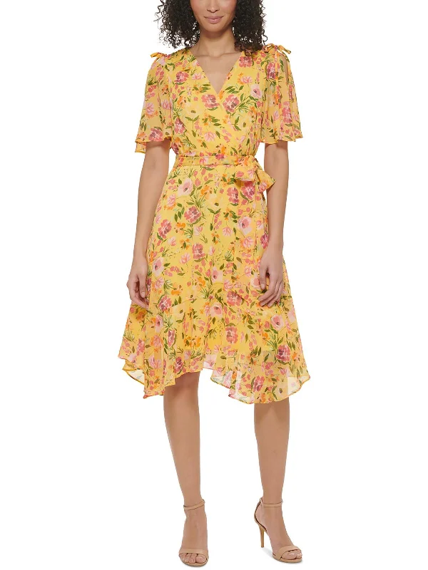 Women's High Collar DressesPetites Womens Floral Chiffon Midi Dress