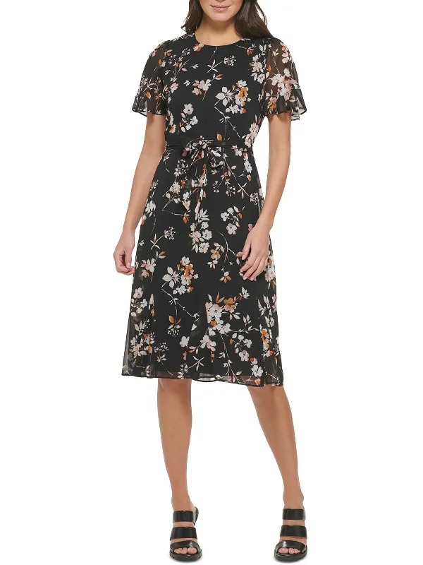 Women's Notched Collar DressesPetites Womens Midi Floral Print Fit & Flare Dress