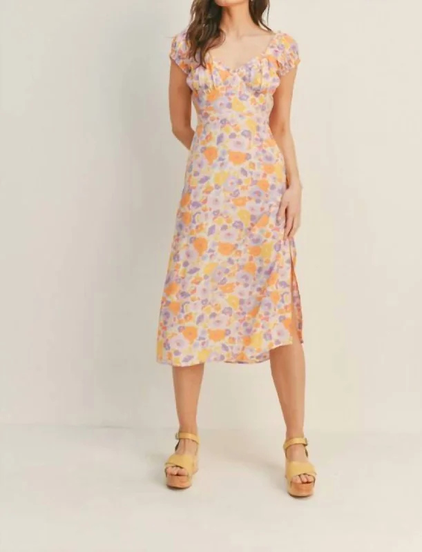 Women's Wide Collar DressesSweetheart Floral Midi Dress In Tangerine Lilac