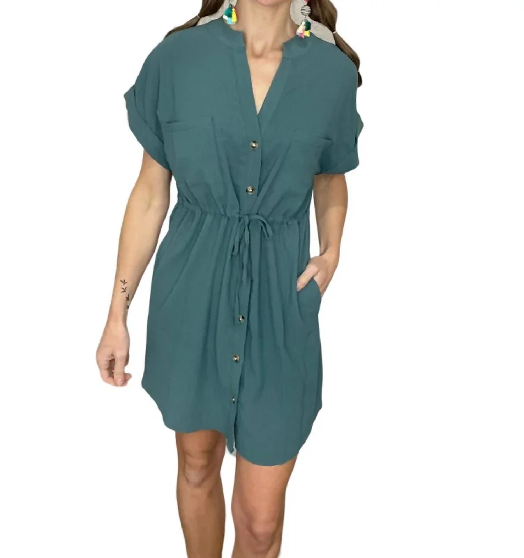 Women's Off-the-Shoulder DressesV-Neck Dolman Waist Cinch Midi Shirt Dress In Teal