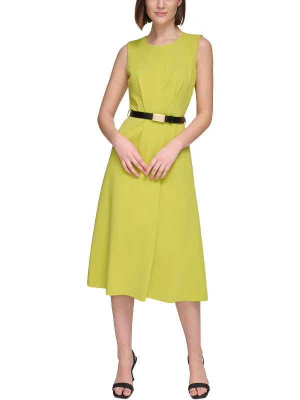 Women's High Collar DressesWomens Belted Polyester Midi Dress