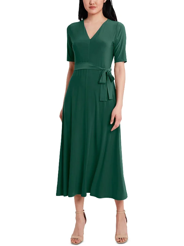 Women's Fit and Flare DressesWomens Belted Tea Length Midi Dress