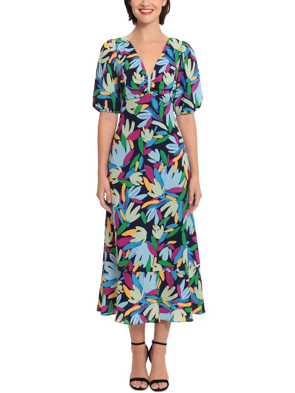 Women's Boat-Back DressesWomens Floral Print Polyester Midi Dress