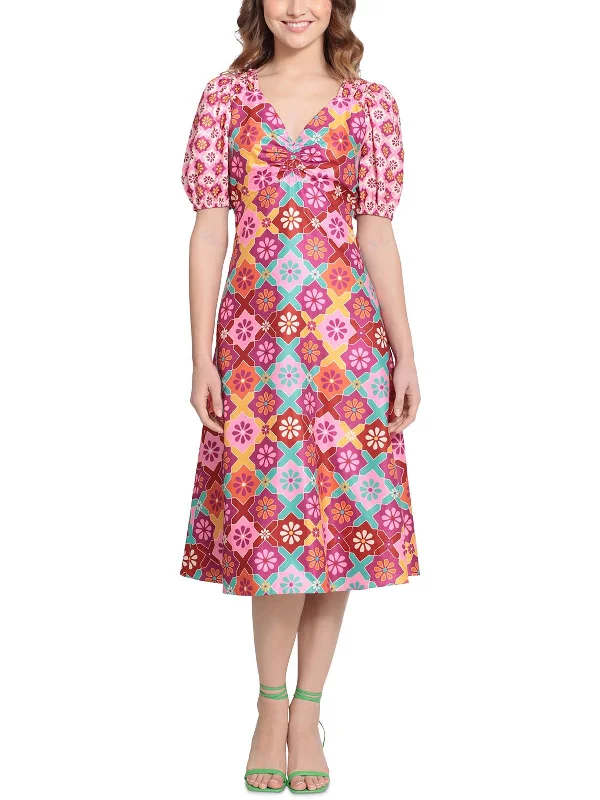 Women's V-Shaped Collar DressesWomens Printed Polyester Midi Dress