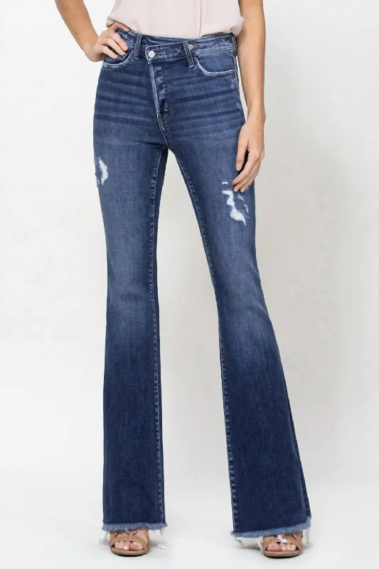 Women's Jodhpurs with ButtonsAsymmetric Waistband Flare Jeans In Dark Blue Wash