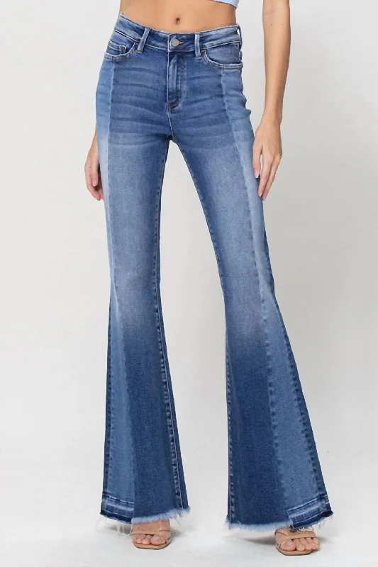 Women's Jodhpurs with Collarless DesignVivian High Rise Contrast Panel Flare Jeans In Blue