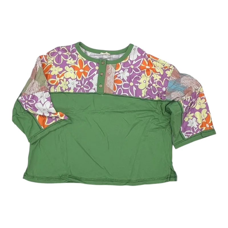 Women's Blouse with Mandarin CollarTop 3/4 Sleeve By Easel In Green, Size:2X