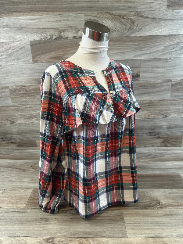 Women's Blouse with PleatsTop Long Sleeve Basic By J. Crew In Plaid Pattern, Size: S