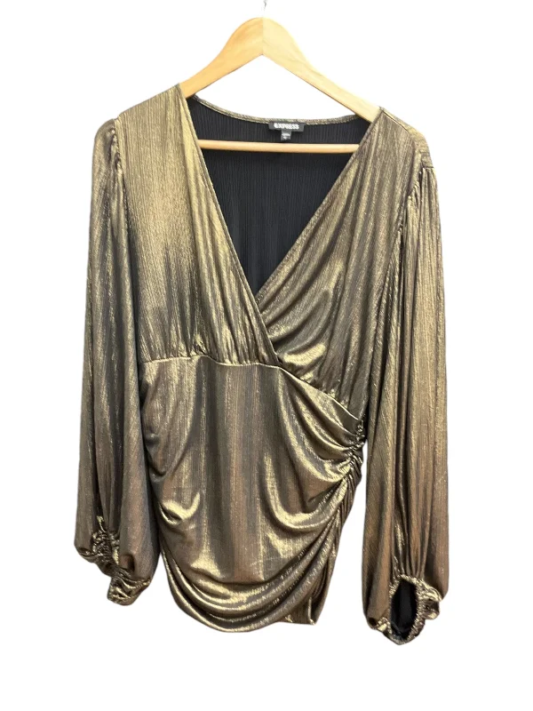 Women's Blouse with Short SleevesTop Long Sleeve By Express In Gold, Size: L