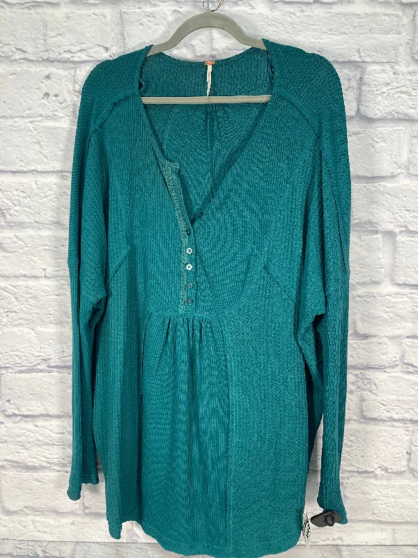 Women's Blouse with Shawl CollarTop Long Sleeve By Free People In Aqua, Size: M