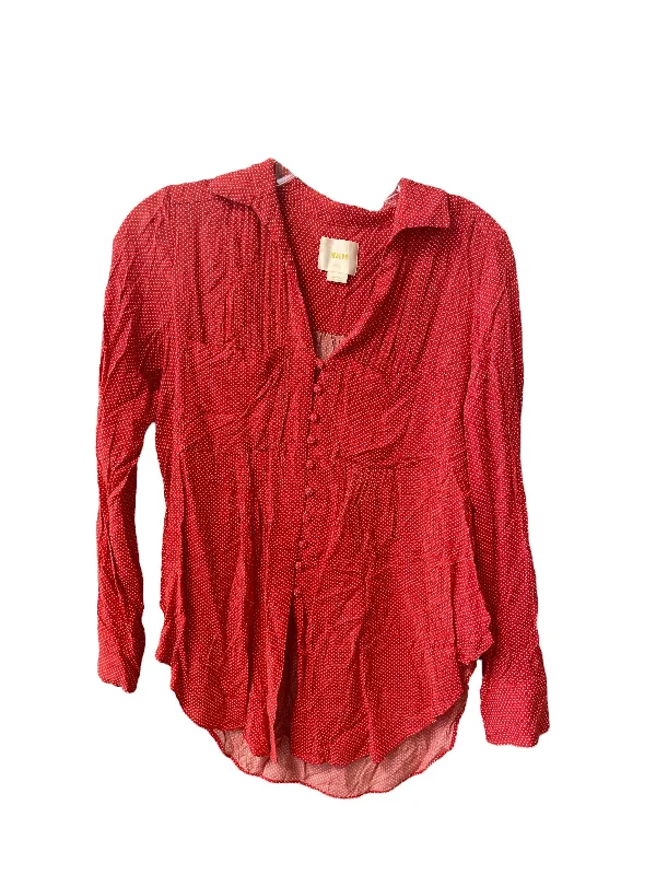 Women's Blouse with Lapel CollarTop Long Sleeve By Maeve In Red, Size: S