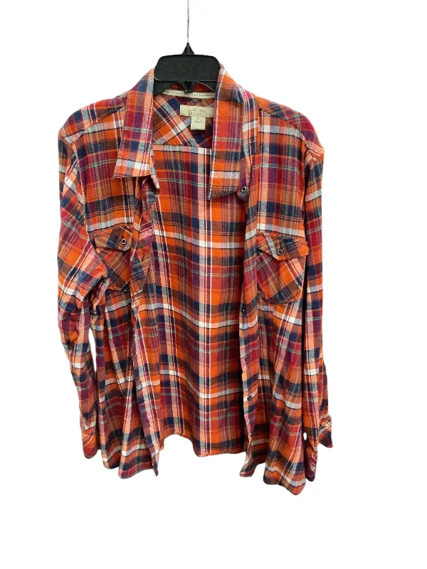 Women's Round-Neck BlouseTop Long Sleeve By Natural Reflections In Plaid Pattern, Size: 2x