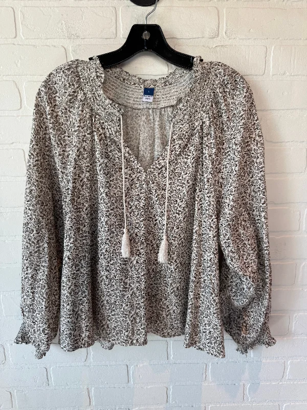 Women's Blouse with High CollarTop Long Sleeve By Old Navy In Brown & White, Size: L