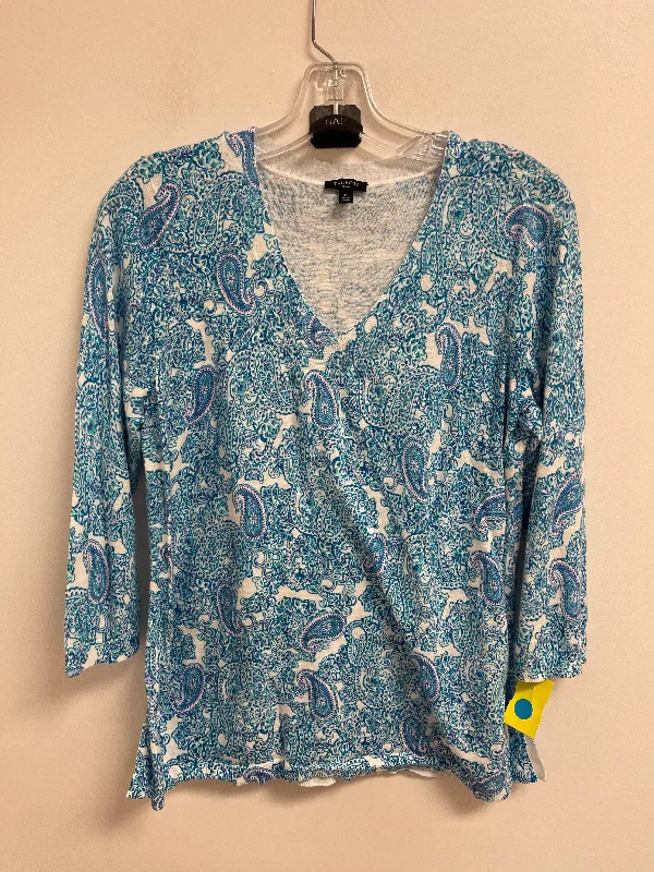 Women's Blouse with Keyhole CollarTop Long Sleeve By Talbots In Blue & White, Size: Lp