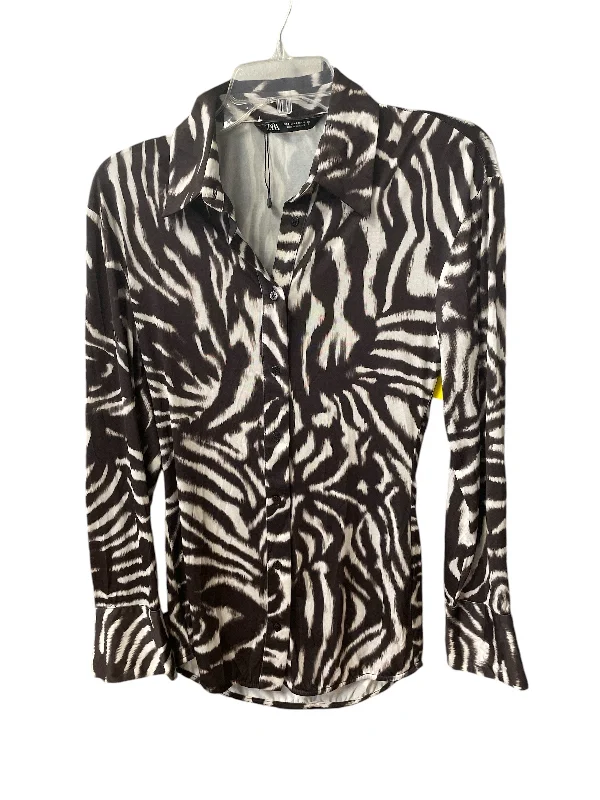 Women's Blouse with Low CollarTop Long Sleeve By Zara In Animal Print, Size: S