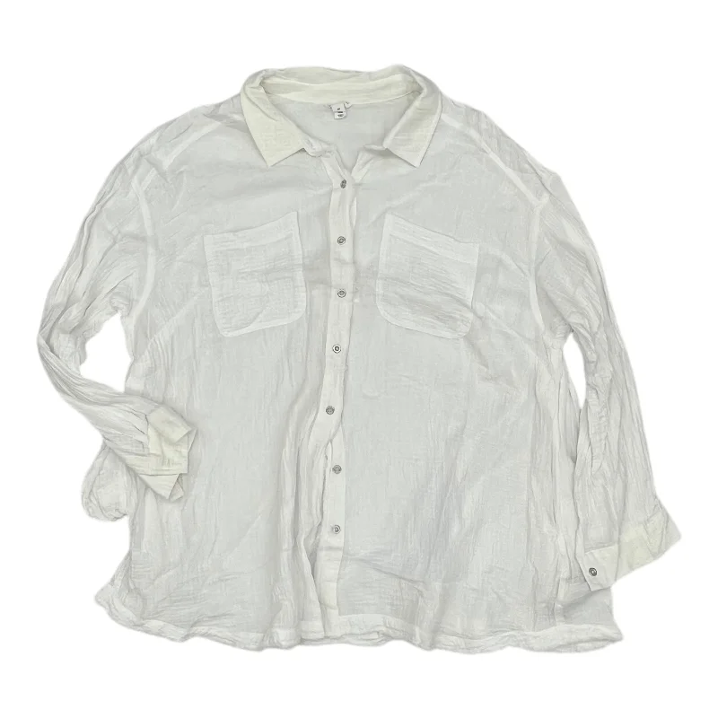 Women's Blouse with Notched CollarTop Ls Basic By Tribal In White, Size:3X