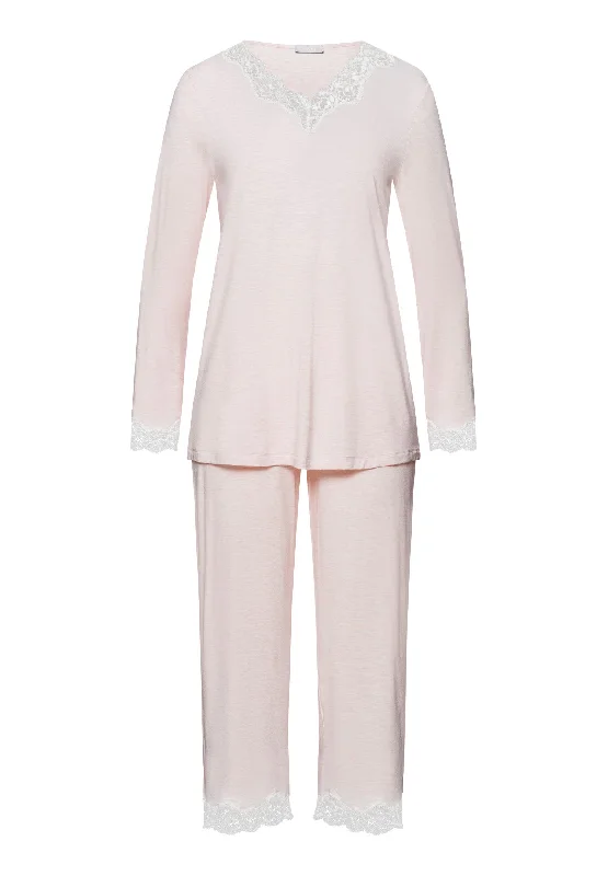 women's pajamas with built-in braNatural Elegance Lace Trim Cropped Pajama Set | Rose Melange 74833-2899