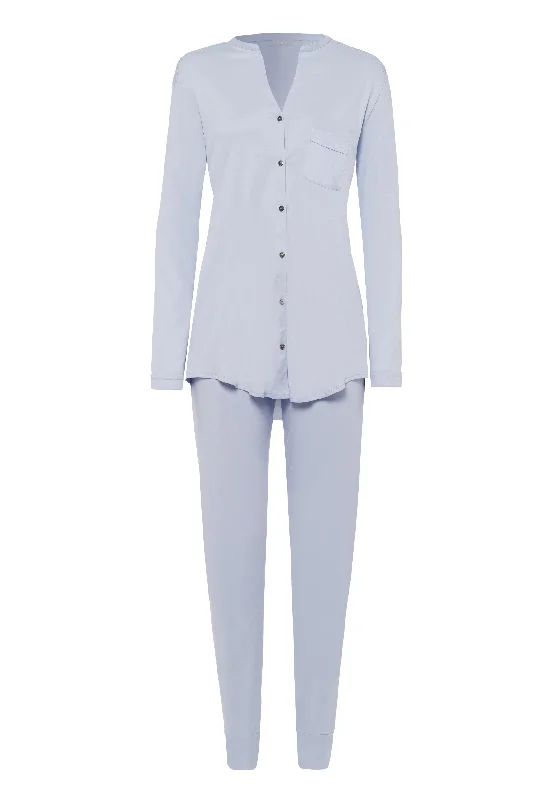 women's pajamas with an adjustable necklinePure Essence Button Front Soft Cotton Pajama Set | Blue Glow 77949-511