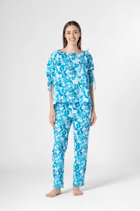 women's pajamas with built-in shortsBlue Cotton Printed Co-ords Set for Women