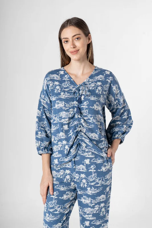 women's pajamas with a touch of luxuryBlue Cotton Printed Co-ords Set for Women