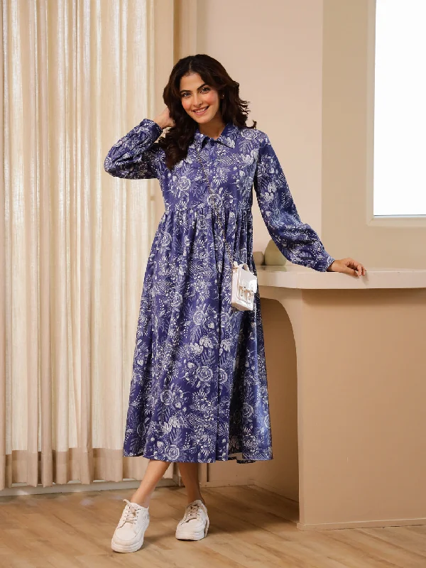 women's pajamas for those who appreciate soft, breathable fabricsBlue Flower Print Dress for Women