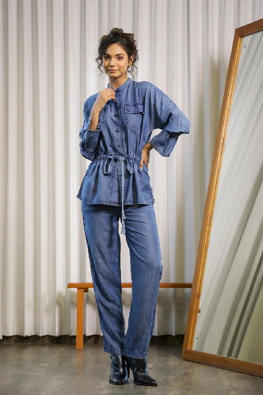 women's pajamas with a vintage lookDark Blue Denim Co-ord Set