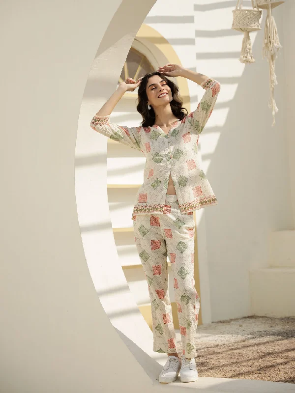 elegant women's satin pajamasOff White Geometric Print Co-ords Set