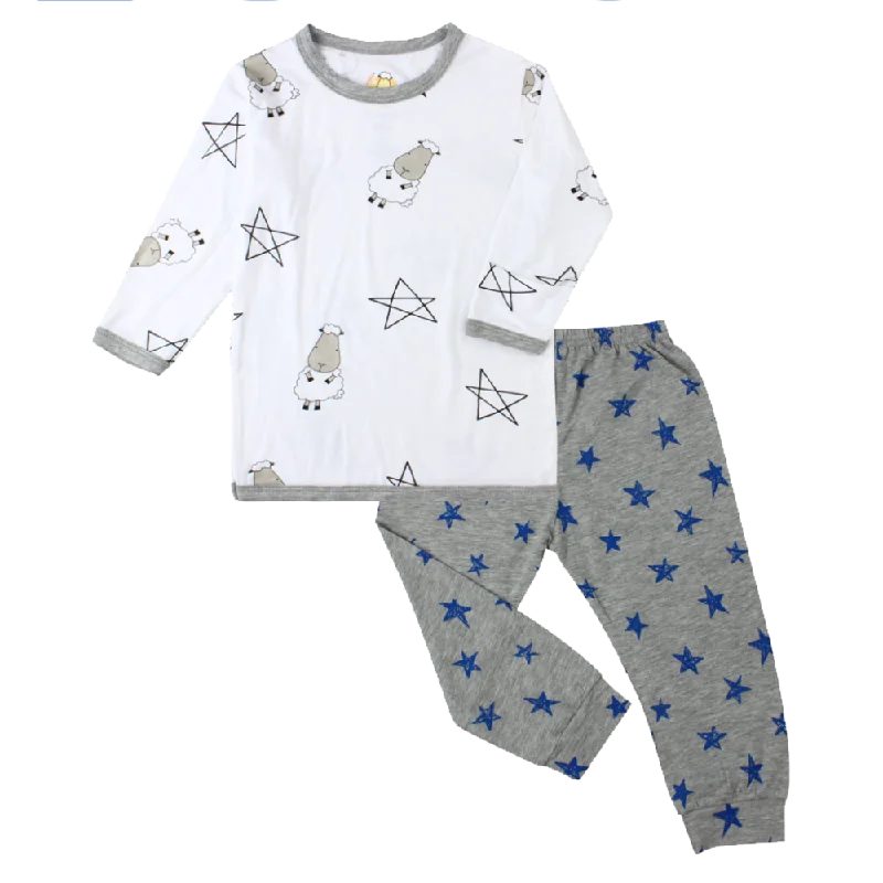 women's pajamas with snap buttonsPyjamas Set White Big Star & Sheepz + Blue Star