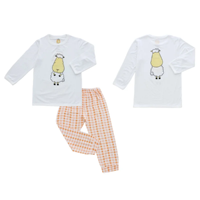 women's pajamas in bold patternsPyjamas Set White Front Back Sheepz + Orange Checker