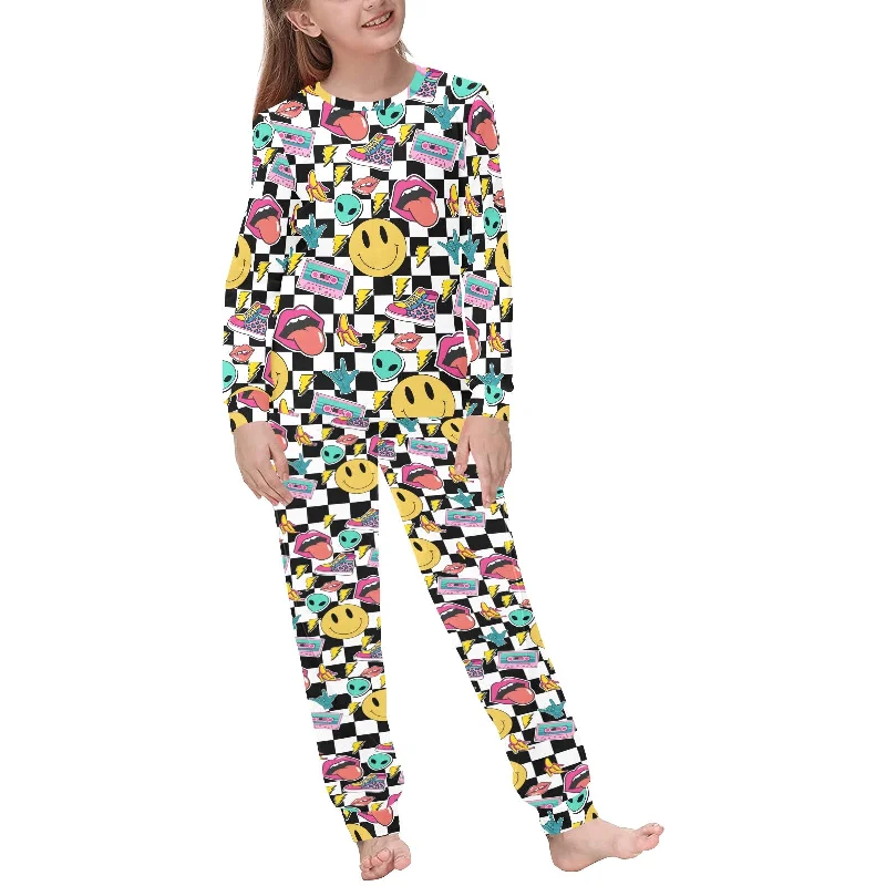 women's button-down pajama shirtsNeon 90s • Kids Pajama Set •Checkered Print •Smiley Faces • School Gift