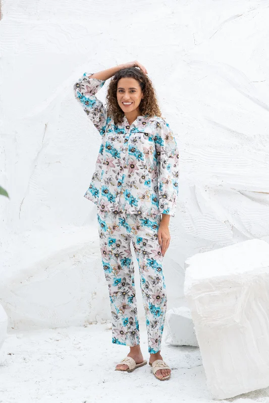 women's pajamas with a touch of whimsical funWhite Flower Printed Cotton Night Suit Set