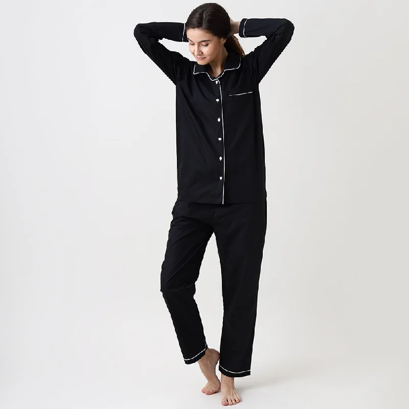 women's pajamas with button-flyWomen Classic Black Pajama Set