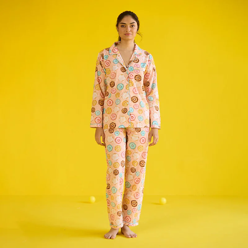 women's pajamas in pastel colorsWomen Doughnut Peach Pajama Set