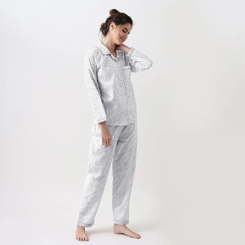 women's pajamas for those who seek cozy, all-night comfortWomen Jade Blockprint Pajama Set (Grey)