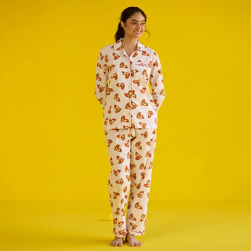 women's pajamas with an adjustable necklineWomen Pizza Party Pajama Set