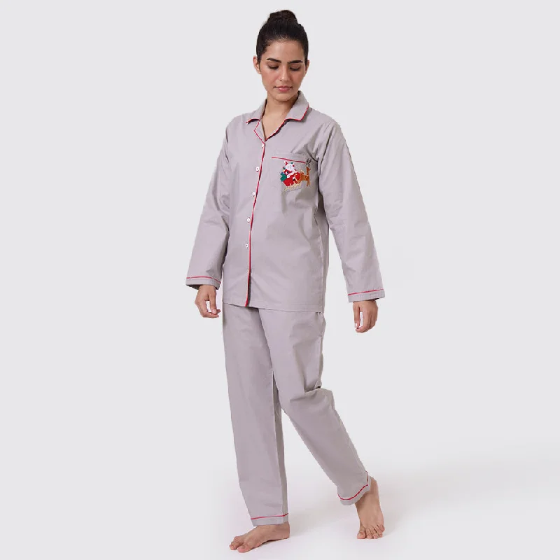 women's pajamas in pastel colorsWomen Santa In Sleigh (Grey) Pajama Set